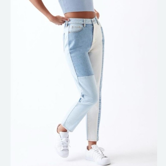 Pacsun Eco Hopper Patch Mom Jean Two Tone Blue Wash - Picture 3 of 14
